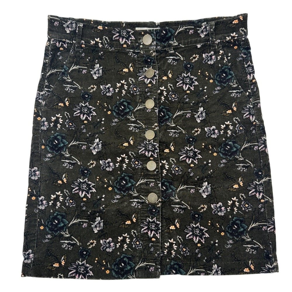Loft Outlet Skirt Womens 0 Mini Floral Dark‎ Green Corduroy Button Front 507285